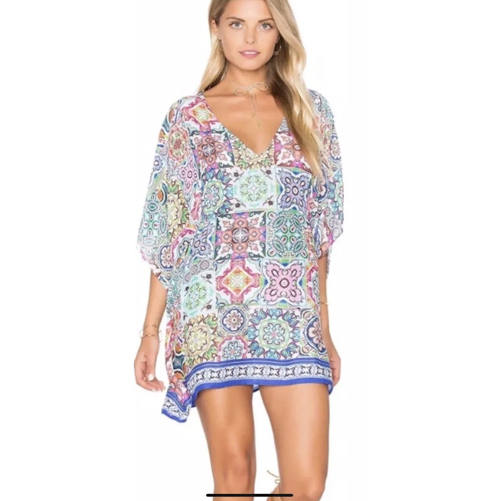 Nanette Lepore Greek Tiles Kaftan Swim Cover Tunic Dress Multi-Color Medium